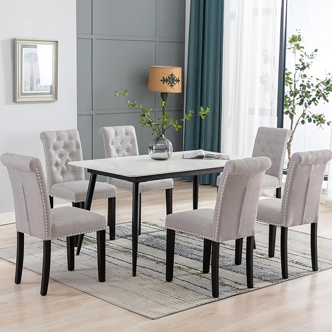 Westice Dining Room Chairs Set of 8 Upholstered Fabric Kitchen Chairs Dining Room Side Chair with Nailhead Trim and Rubber Wood Legs for Small Space Apartment, Light Gray