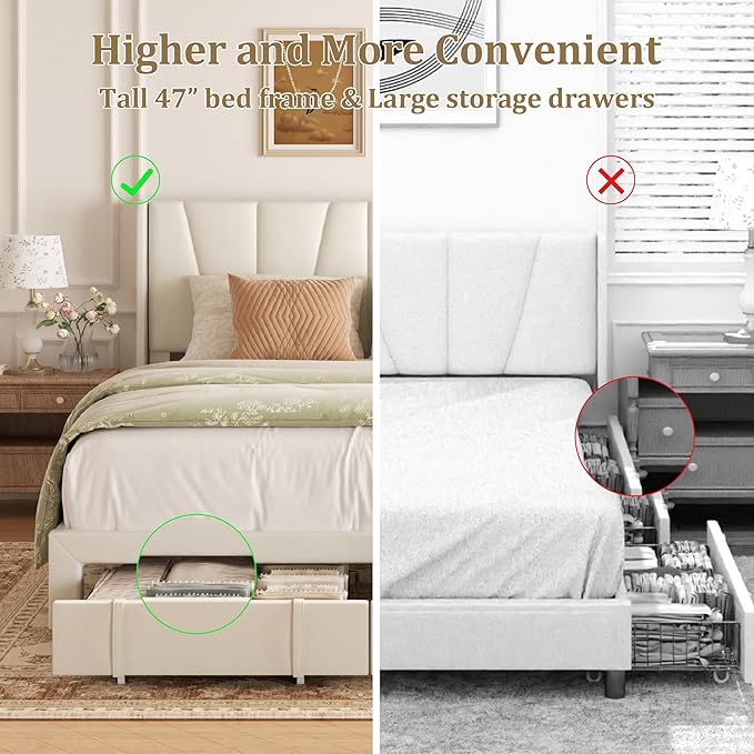 King Bed Frame with Storage Drawers, Upholstered King Size Platform Bed with 47" Tall Headboard and Wingboard, No Box Spring Needed, NO Noise, Easy Assembly, Wooden Support Slats, Beige