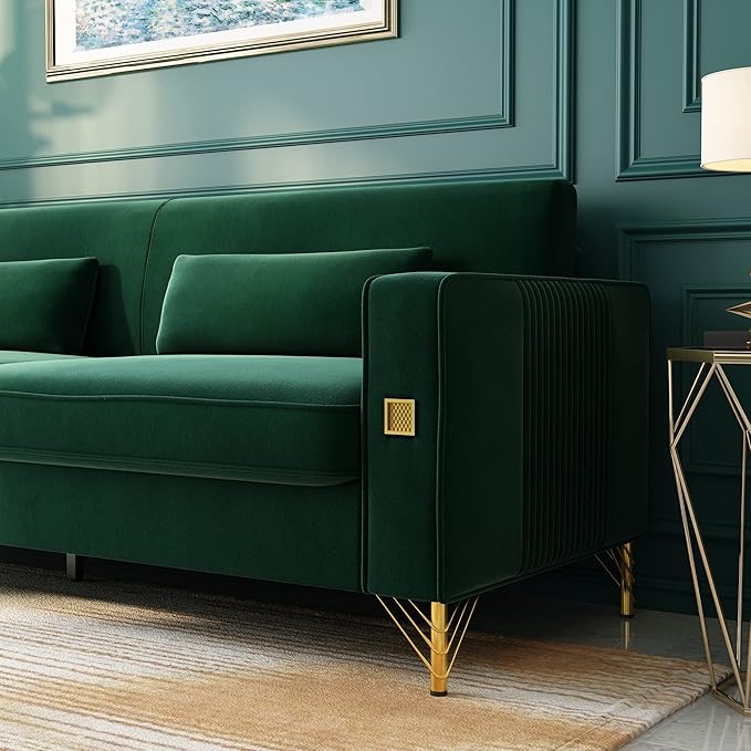 85.63" Velvet Sofa,Modern Loveseat Couch with Pillows Set of 2 for Living Room,Bedroom,Apartment Furniture with Gold Metal Legs (Green)