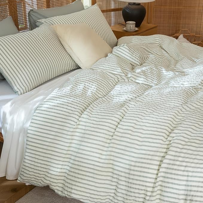 King Size Comforter Set Sage Green Striped 100% Soft Washed Microfiber Jacquard 3 Pieces Striped Bedding Sets Green White Comforter for All Seasons and 2 Pillowcases Comfort Breathable
