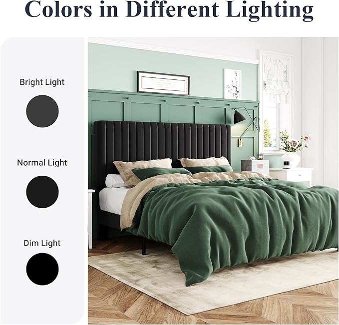 Allewie King Platform Bed Frame, Velvet Upholstered with Adjustable Vertical Channel Tufted Headboard, Mattress Foundation with Strong Wooden Slats, Box Spring Optional, Easy Assembly, Black