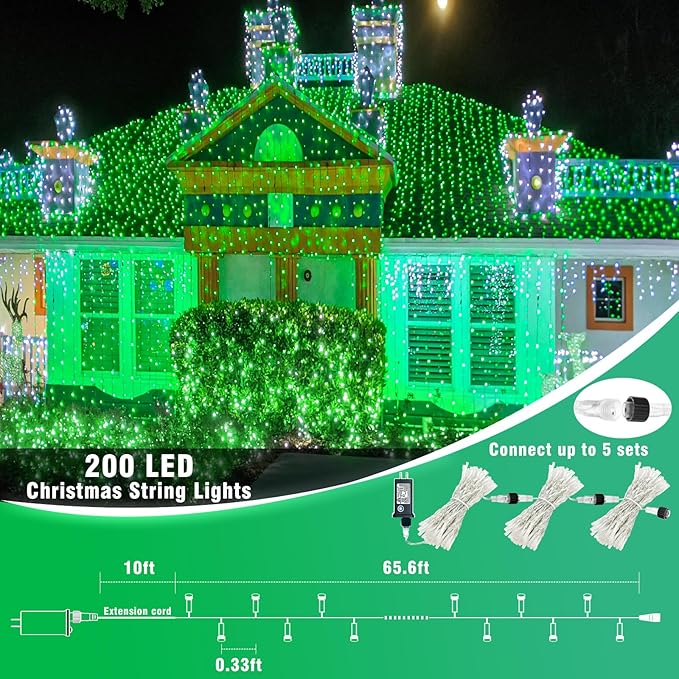 200 LED Green Christmas Lights Connectable 66ft Christmas String Lights Indoor 8 Modes Clear Wire Waterproof Plug in Twinkle Fairy Lights for Holiday Party Xmas Tree Decorations