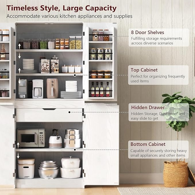 Merax 72" Tall Farmhouse Kitchen Pantry Cabinet with 8 Door Shelves, Curved Design Storage Cabinet with 3 Adjustable Shelves, Hidden Drawer, Versatile Cupboard for Kitchen, Dining & Bathroom, White