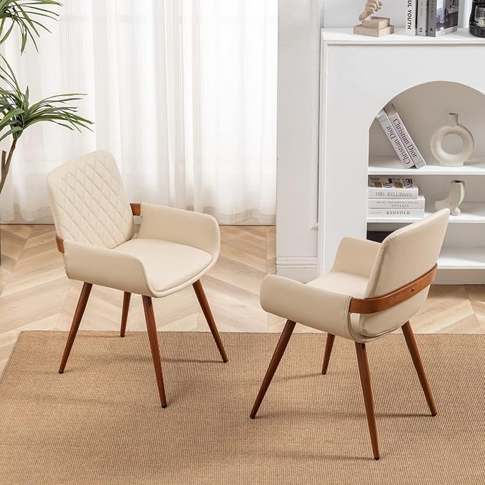LUNLING Mid Century Modern Faux Leather Dining Room Chairs Set of 4 Upholstered Seat Metal Legs Chairs Cream White Faux Leather Kitchen Chair Reception Room Chair 4PCS