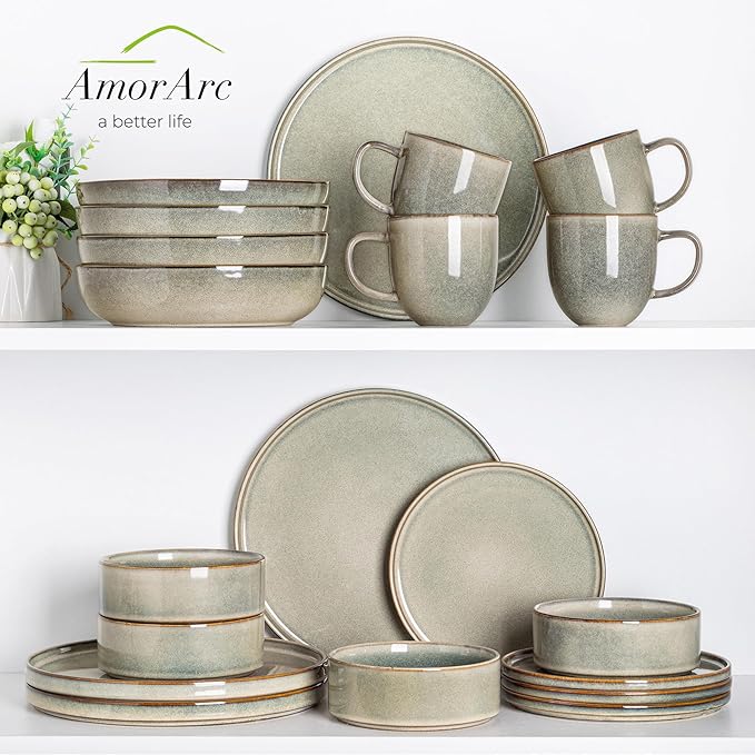 AmorArc Ceramic Dinnerware Sets, Handmade Reactive Glaze Stoneware Plates and Bowls Sets,Highly Chip and Crack Resistant | Dishwasher & Microwave Safe Dishes Set, Service for 4 (12pc)