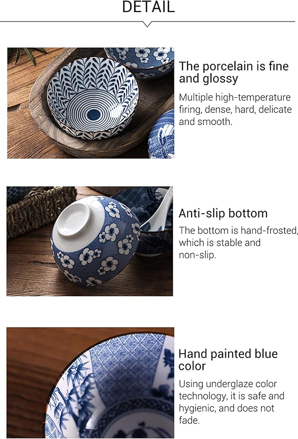 Gegong Blue and White Porcelain Dinnerware Set, Dishes, Bowl, Spoon, Chopsticks, Service for 1, Colorful Glazed Ceramic Set, Gift Box Packaging (Willow Leaves)
