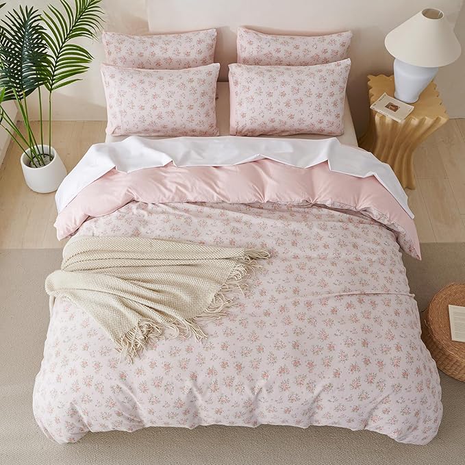 King Size Comforter Set Soft Flower 3 Pieces Chic Crinkle Gauze Fabric Garden Style Floral Print Botanical Comforter for All Seasons Luxury Warmth Comfy Breathable with 2 Pillowcases