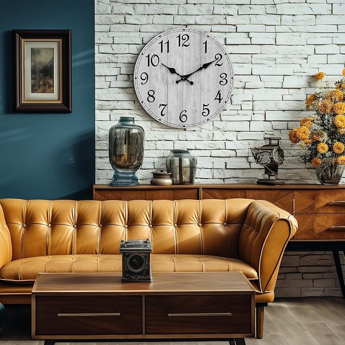 HYLANDA Wall Clock, Gray 16 Inch Wall Clocks Battery Operated Silent Non Ticking, Country Round Clocks Farmhous Wall Decorative for Kitchen, Bathroom, Living Room