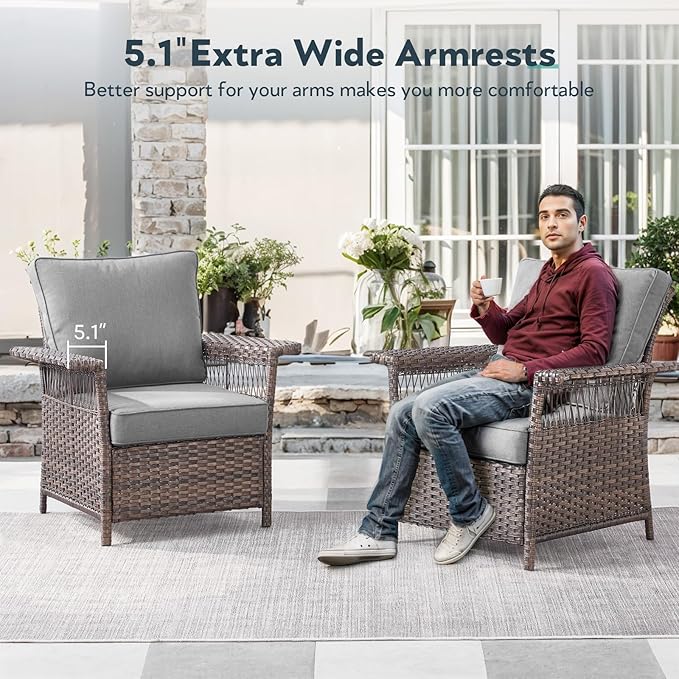 6 Pieces Wicker Patio Furniture Set - Hollow Widen Armrests 3 Seat Outdoor Sofa & Comfy Chairs with Side Table & Ottomans, Small Patio Convention Set for Deck and Backyard - Brown/Gray