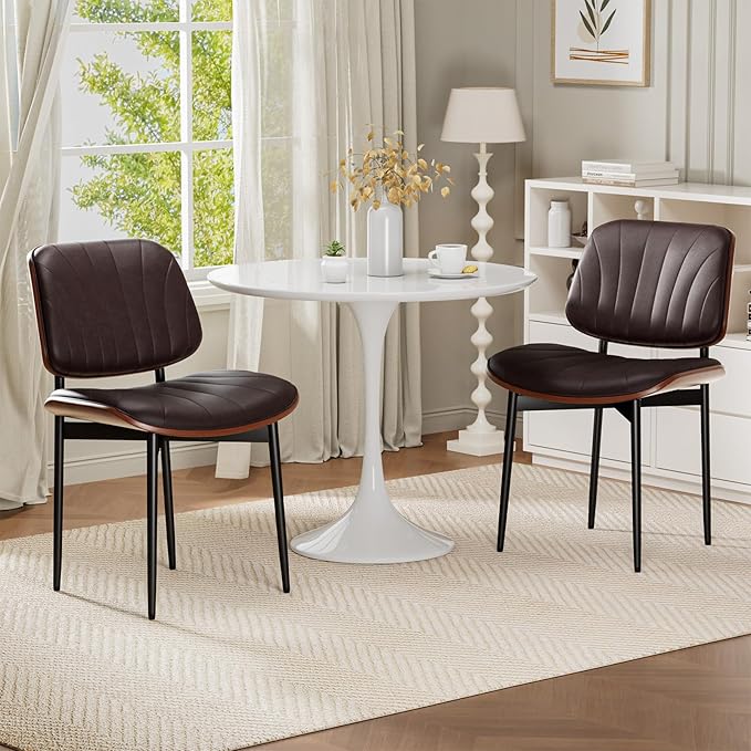 Dining Chairs Set of 2, Mid-Century Modern Upholstered PU Leather Chairs with Walnut Bentwood Back and Metal Legs Adjustable Feet for Kitchen Dining Room, Dark Brown Shell Strips