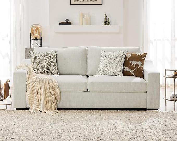 ABCASA 85" W Loveseat Couches for Living Room,Modern Linen Sofa with Removable Cover, Wide Armrest, Solid Wood Frame, Medium Firm Seat Cushion for Bedroom Office Apartment, Easy to Install, Ivory