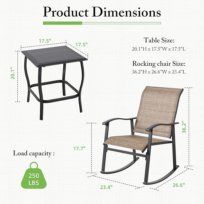 Shintenchi Rocking Chair Outdoor with Table, 3 Piece Rocking Patio Bistro Set, Outdoor Furniture Set with Metal Frame and Textilene Fabric for Small Space, Brown