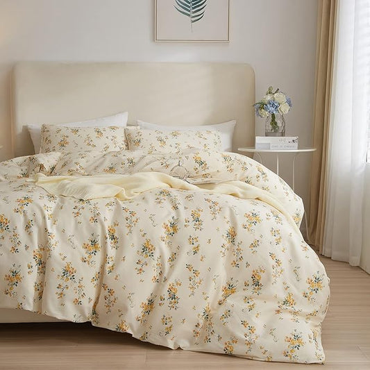 EAVD Yellow Floral Comforter Set Full Bed White Soft Microfiber Chic Garden Floral Bedding Set 1 Full Comforter and 2 Pillowcases Reversible Botanical Comforter Set for All-Season