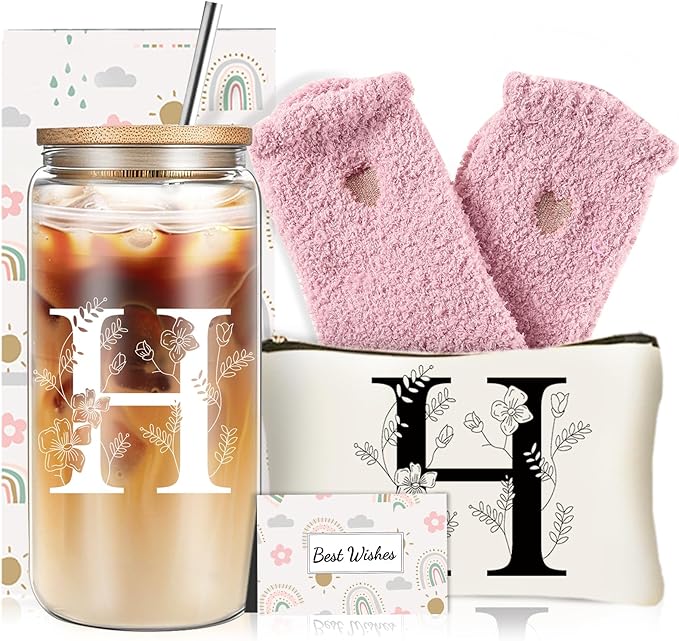 Unique Initial Glass Cup with Lids and Straws, Monogrammed Gifts Box Included Makeup Bag, Christmas Birthday Gifts for Women Mom Sister Grandma, H