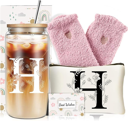 Unique Initial Glass Cup with Lids and Straws, Monogrammed Gifts Box Included Makeup Bag, Christmas Birthday Gifts for Women Mom Sister Grandma, H