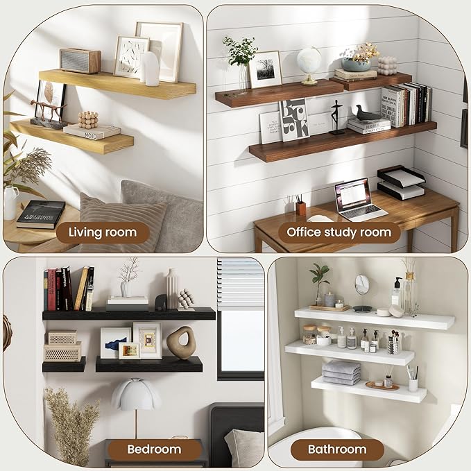 55 Inch Floating Shelves for Wall, 8 Inch Deep Floating Shelf for Storage & Display, Rustic Wall Mounted Shelf with Invisible Brackets for Living Room, Kitchen, Bathroom, Home Decor, Set of 2, Walnut