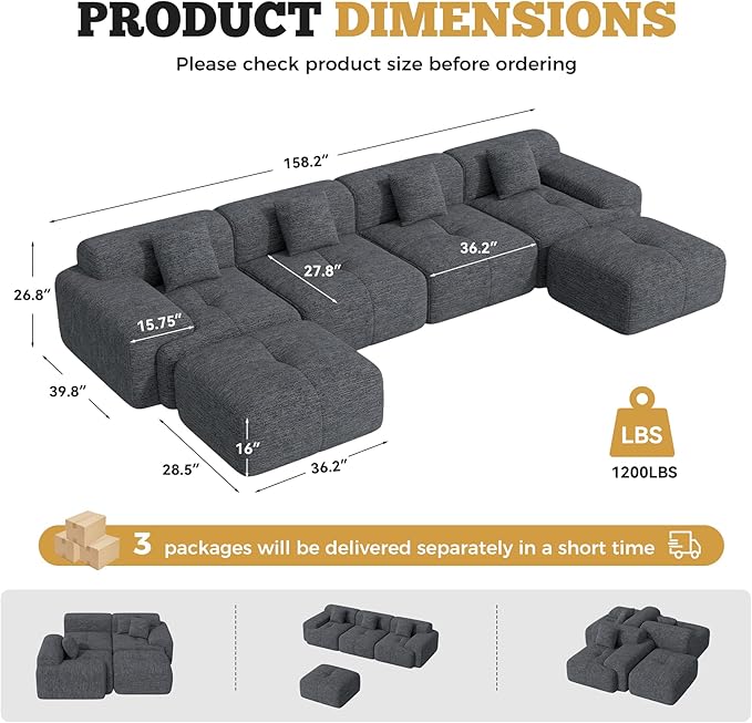 158" Modern U Shaped Modular Sectional Sofa, Boneless Couches for Living Room,6 Seater Convertible Chenille Cloud Couch Sofa Set, No Assembly Required, Grey-Black 1 PCS