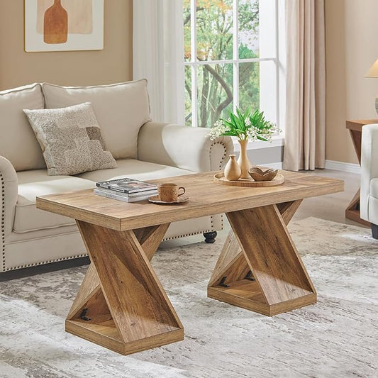 OKD Modern Coffee Table, 48" Twisted Center Table with Wood Thickened Pedestal, Rectangular Rustic Living Room Table, Farmhouse Storage Low Cocktail Tea Table,Golden Rustic Barnwood