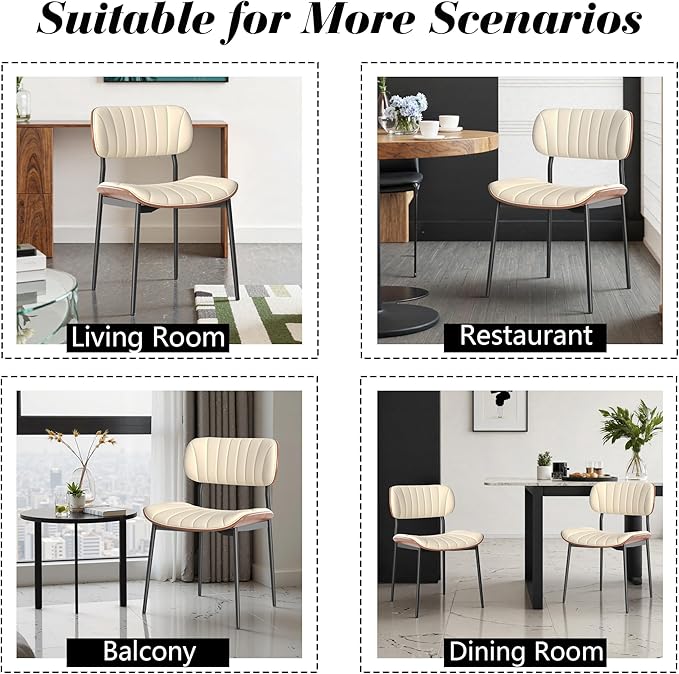 Modern PU Leather Dining Room Chairs Set of 4, Upholstered Kitchen Chairs with Curved Wood Backrest and Metal Legs Adjustable Feet for Kitchen Dining Room(Beige)