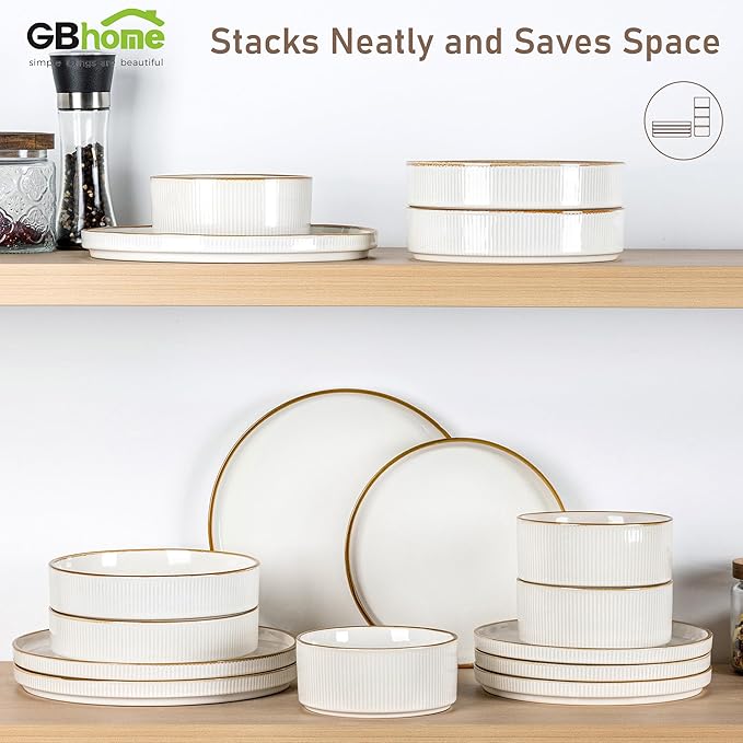 GBHOME Stoneware Dinnerware Sets for 8, Round Reactive Glaze Ceramic Plates and Bowls Set, Highly Scratch Resistant | Dishwasher & Microwave Safe Set，Service for 8（24pcs),Pearl White