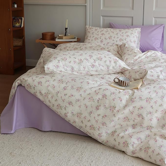 EAVD Garden Pink Purple Floral Comforter Set Full Soft Microfiber Chic Shabby Floral Bedding Set with 2 Pillowcases Fresh Cute Botanical Comforter Set for All-Season