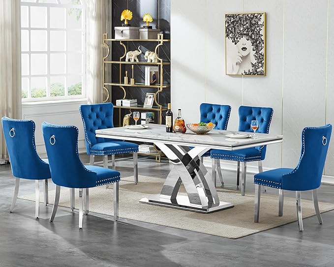 Goujxcy 68" Marble Dining Table Set for 6, Modern Rectangle Dining Room Table Set for 6, Luxury White Silver Marble Kitchen Table and Chairs Set of 6 for Living Room,Kitchen