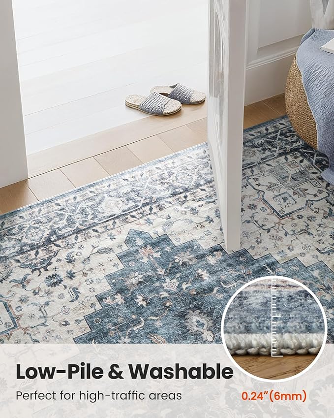 AMADA HOMEFURNISHING 6ft Round Area Rug, Low-Profile Washable 6x6 Rugs with Non-Slip Backing & Durable Edge Binding, Vintage Rug for Kitchen, Bedroom & Hallway, Blue