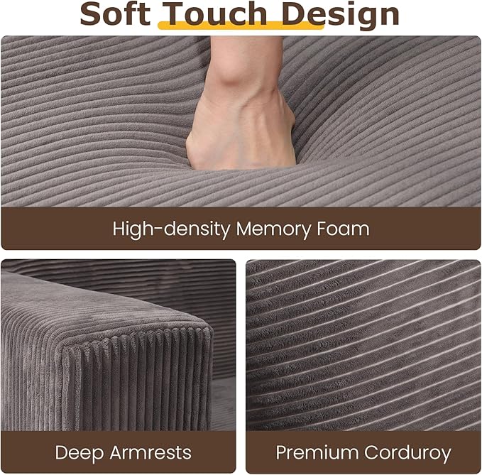 Convertible Sofa Bed, 3 in 1 Loveseat Folding Couch Bed Foldable - Boneless Couch & Floor Futon Sleeper, Corduroy Pull Out Sofa Bed with 4 Pillows for Living Room, Grey