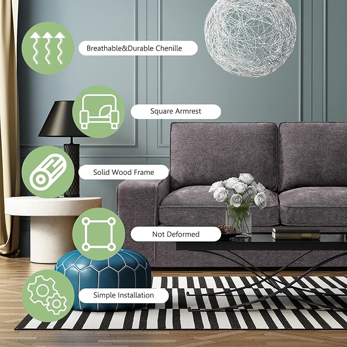 LEISLAND 71.25" Modern Sofas for Living Room, Small Sofas Couches for Small Spaces, Chenille Loveseat Couch with Solid Wood, Metal, Square Arm and Removable Cover/Easy to Install(Dark Grey)