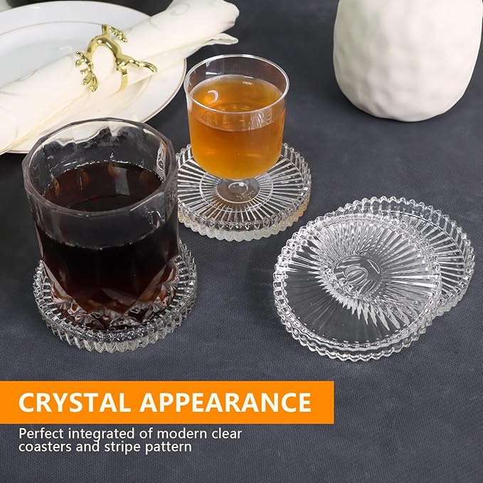 Round Modern Clear Coasters Set of 4, VIBRATITE 4 Inch Glass Cup Coaster Modern Crystal Coasters for Drinks Coffee Office Bar Kitchen Home Wedding Party Decor (Clear)