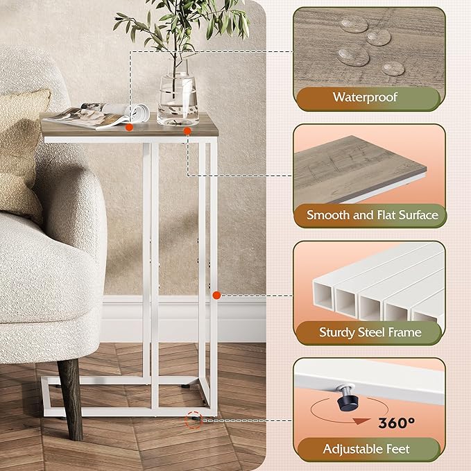 WLIVE Side Table, C Shaped End Table for Couch, Sofa and Bed, Large Desktop C Table for Living Room, Bedroom, Bedside, Creamy Greige