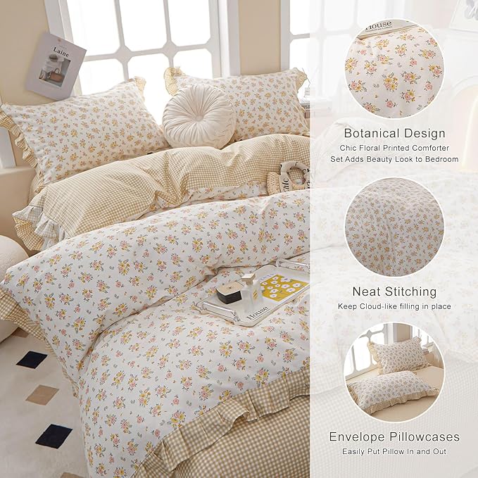EAVD French Garden Style Ruffled Floral Comforter Set Full Fluffy Soft Microfiber Chic Shabby Pink Yellow Floral Bedding Set with 2 Pillowcases Fresh Botanical Comforter Set for All-Season