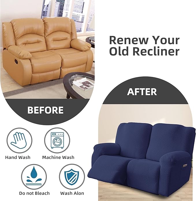 Genina Recliner Loveseat Covers, Stretch Reclining Sofa Covers, 2 Seater Couch Cushion Stripe Jacquard Recliner Slipcovers - Furniture Protector Covers for Pet Kid (Navy Blue)