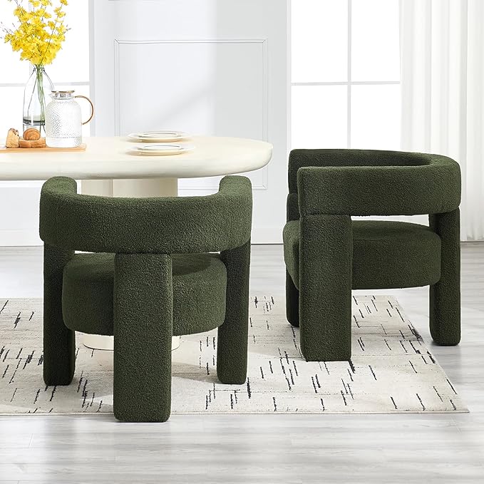 Sherpa Barrel Dining Chairs Set of 4, Upholstered Boucle Accent Kitchen Chairs with Arms, Comfy Faux Fur Side Chair Modern Armchair for Dining Room, Bedroom, Home Office, Green
