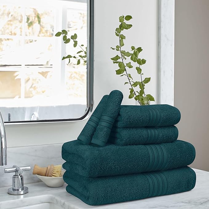 BOUTIQUO 6 Pack Cotton Towel Set, Contains 2 Bath Towels 28x55 inch, 2 Hand Towels 16x24 inch & 2 Wash Coths 12x12 inch, Ideal Everyday use, Ultra Soft Compact & Lightweight - Teal