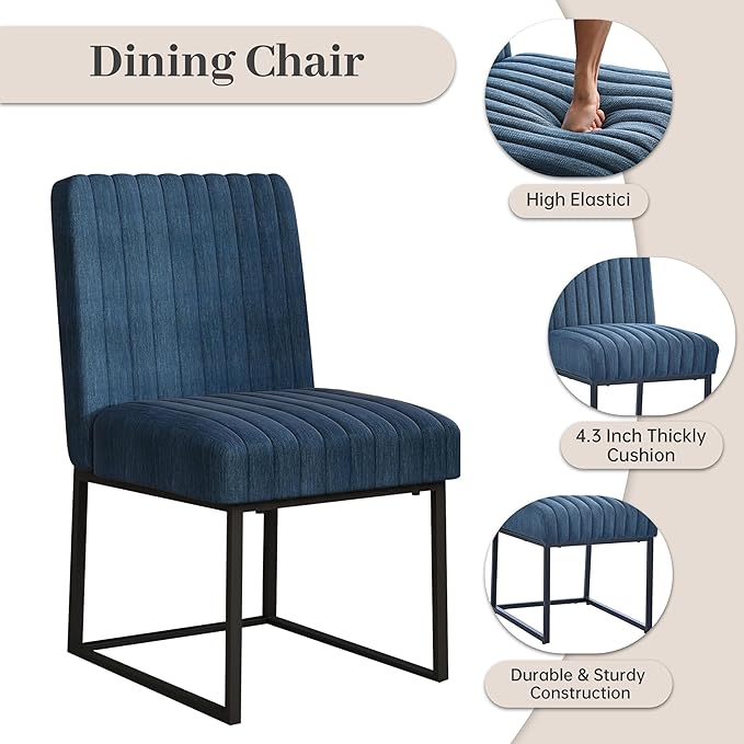 VKNOW Upholstered Dining Chairs, Modern Dining Room Chairs with Stripe, Linen Kitchen Chair Dinner Chair with Black Metal Base for Kitchen Office, Blue