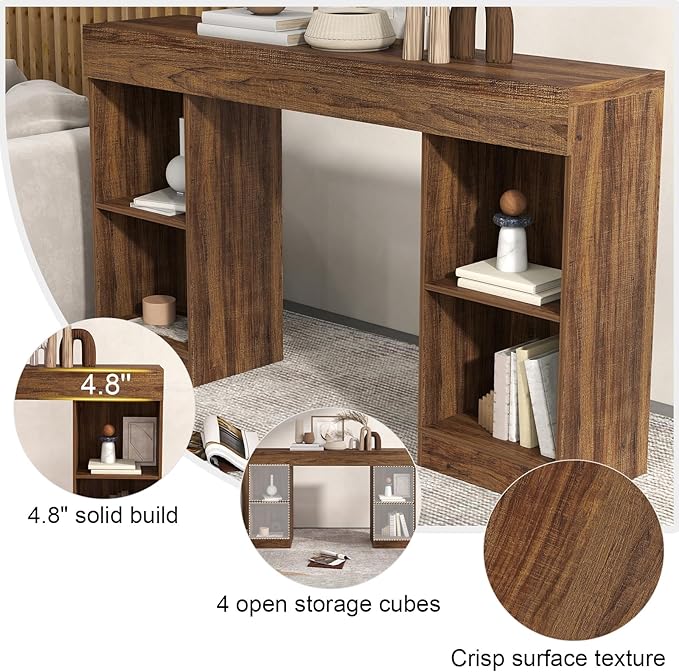 55 Inches Console Table,4 Cubes Narrow Entryway Table,3 Tier Wood Behind Couch Sofa Table,TV Console with Storage for Living Room,Hallway,Entrance,Foyer (Striped Brown)