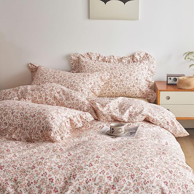 Pink Flower Duvet Cover Set Twin XL 100% Cotton Cute Floral Duvet Cover with Ruffle Pillowcases Girls Cottagecore Bedding Set Aesthetic Garden Style Flower Blooming Comforter Cover with Zipper Closure