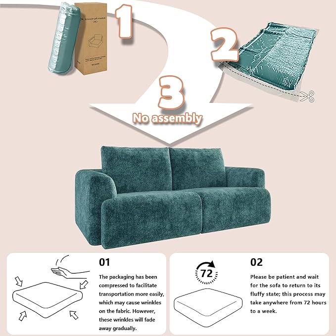EASE MOOSE Boneless Couch for Living Room, Sectional Cloud Sofa, Modular Cloud Couch Loveseat, 2-Seater Deep Seat Sofas with Pillow for Bedroom, Apartment, No Assembly Required, Chenille (Blue)