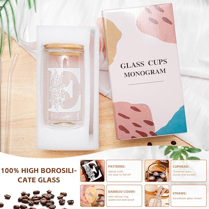 DWTS DANWEITESI Birthday Gifts for Women: Initial Glass Cup as Office Graduation Memorial Holiday Personalized Gifts - for Husband Aunt Uncle Teen Boy Employee Coworkers Him and Her - E Aesthetic Cup