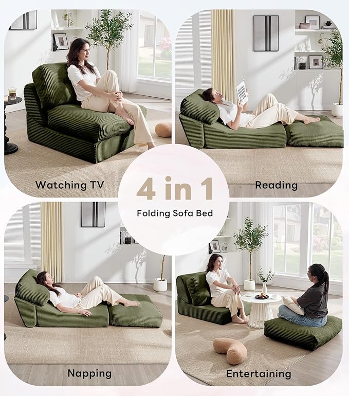 Tbfit Folding Sofa Bed, Convertible Sleeper Chair with Large Pillow, Corduroy Folding Couch Bed, Portable & Foldable Mattress Boneless Floor Sofa for Living Room, Bedroom, Office, Green, Single