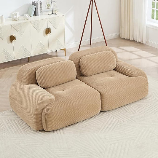 80" Modern Corduroy Boneless Love Seat Couches, 2 Seater Large Sectional Couches for Living Room, Camel Cloud Modular Sectional Sofa, Memory Foam, Extra Deep Loveseat, No Assembly