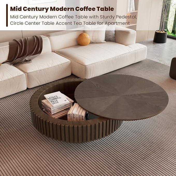 Round Drum Coffee Table with Storage for Living Room, Mid Century Modern Coffee Table with Sturdy Pedestal, Farmhouse Fluted Circle Center Table Accent Tea Table (31.5" Brown with Storage)