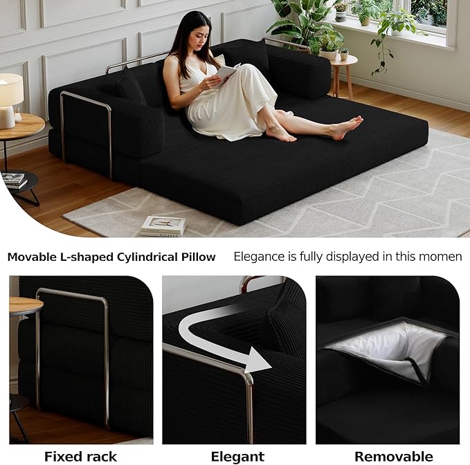 Compressed Sleeper sofa bed,Convertible Floor Boneless Couch-With Comfy Pillow,Modular Modern Corduroy Sofa for living room Bedroom Lounge Studio-With Fixed-shape Frame and support Armrest(Black)