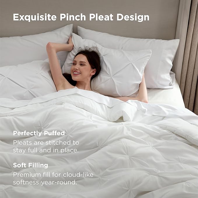 Bedsure Twin Comforter Set White - Bed in a Bag Twin Size Bedding 5 Pieces, GentleSoft™ Pintuck Bed Set Gift for Family, Pinch Pleat White Comforter with Sheets, Pillowcase & Sham