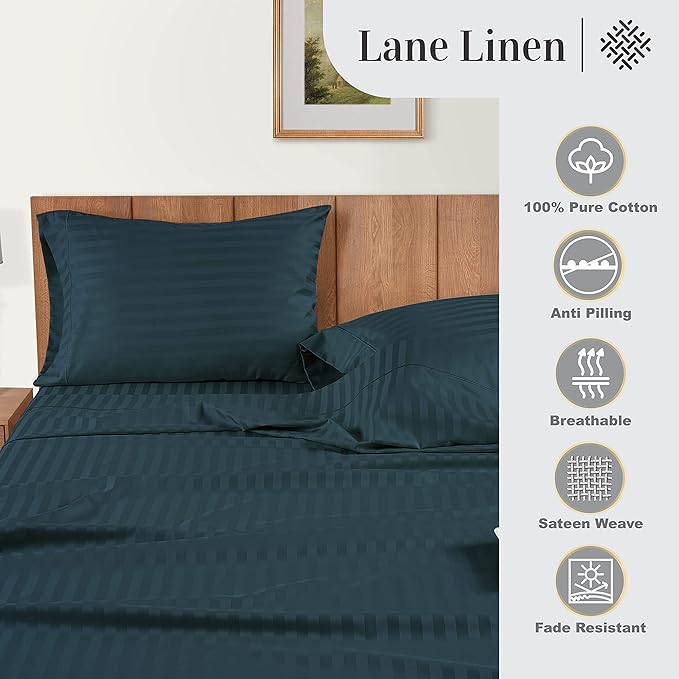LANE LINEN 100% Egyptian Cotton California King Sheets - 4 Pc Sateen Sheet Sets Luxury Bedding & Pillowcases 17" Deep Pocket Dark Denim Stripe