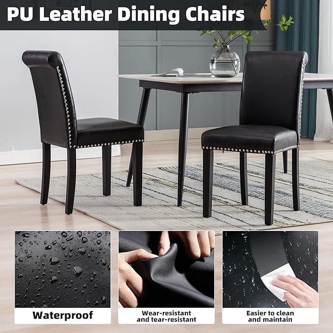 Westice Dining Room Chairs Set of 2 Upholstered PU Leather Kitchen Chairs Dining Room Side Chair with Nailhead Trim and Rubber Wood Legs for Small Space Apartment, Black