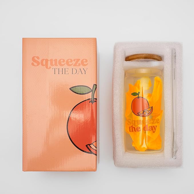 Orange Gifts for Women - Glass Tumbler with Lid and Straw, Customized Straw Stopper and Cup Sleeve. Aesthetic Unique Design Iced Coffee Gift Cup for Mom, Teacher, Friend