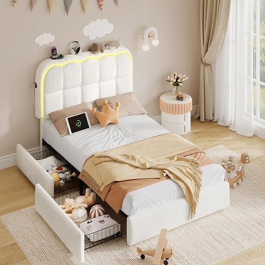 Twin Bed Frame with Storage Drawers and Headborad, Upholstered LED Twin Size Platform Bed Frame for Kids – Sturdy Metal Bed Frame Twin with Wood Slats Support, No Box Spring Needed,White