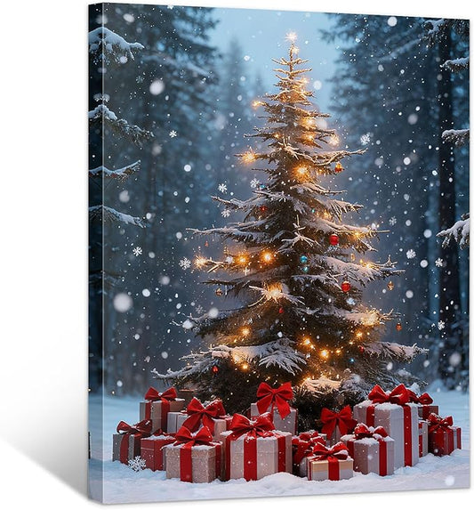 Framed Christmas Pictures Wall Decor,Vintage Pine Tree Prints,Winter Christmas Canvas Wall Art Decoration for Bedroom Bathroom Living Room Rustic Xmas Holiday Gifts (Christmas Tree 14, 11'' X 14'')
